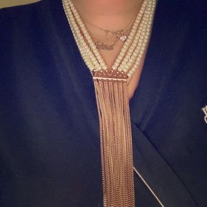 Faux pear triple layer necklace with gold fringe.